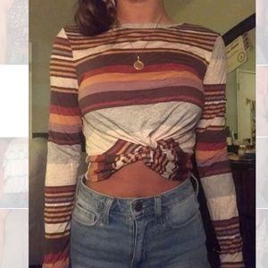 long sleeve stripped crop top, knotted in front, S